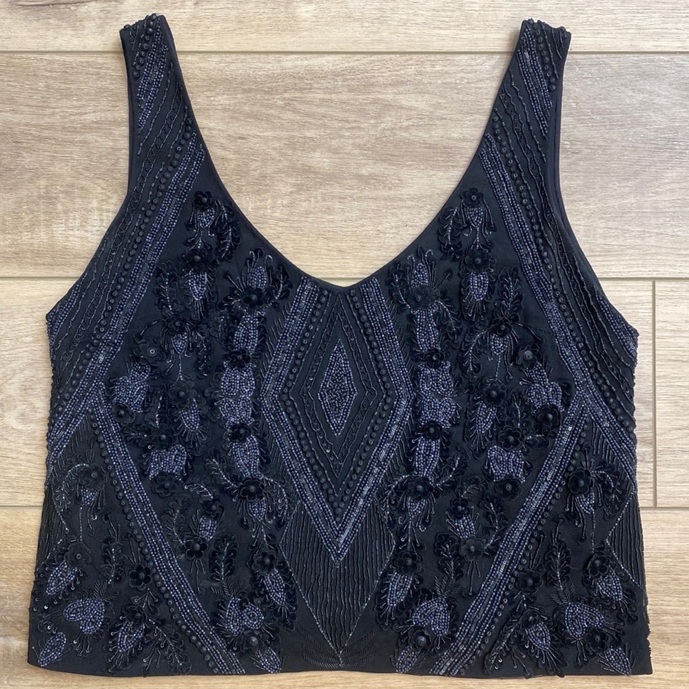 Sally LaPointe Black Beaded Embellished Formal Tank Crop Top Whimsigoth‎ Couture
